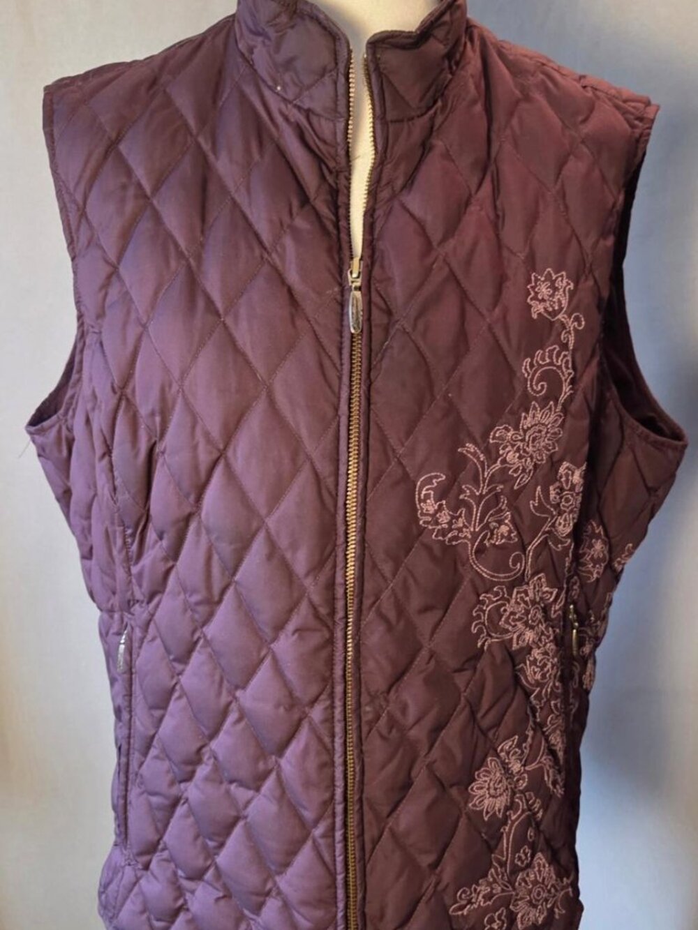 Eddie Bauer XL Goose Down Quilted Vest Plum Purple Floral Embroidered